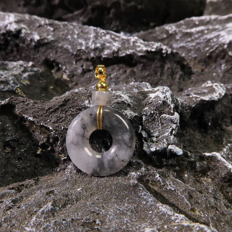 山水墨冰烏雞甜甜圈吊墜18K